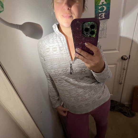 Y2K EDDIE BAUER AZTEC EMBOSSED NEUTRAL FLEECE SWEATER 1/2 ZIP SEXY WARM TOP M - Picture 14 of 17